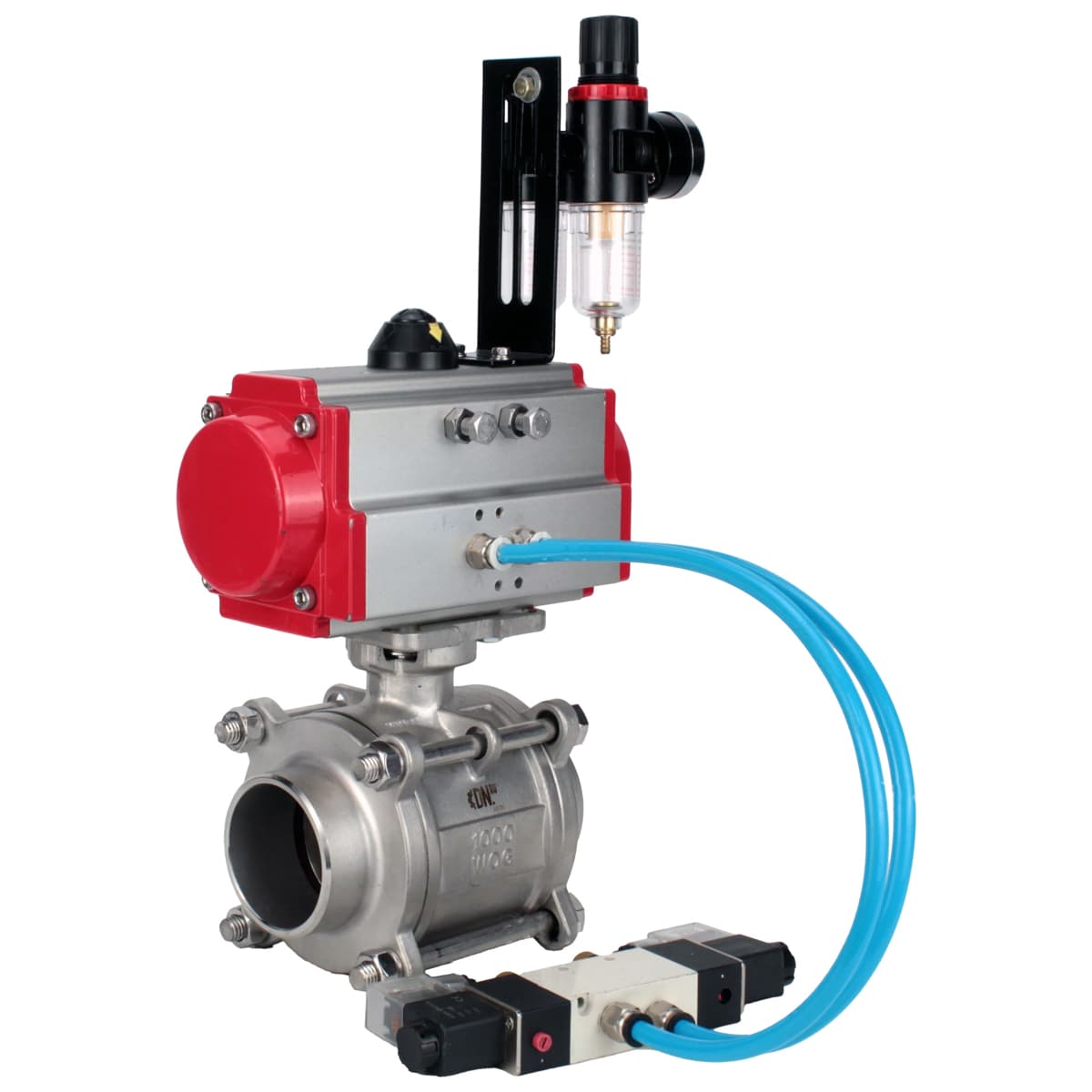 Кран шаровой 316-316-PTFE-FP-W-ISO-H WDVF Ду20 Ру63 полнопроходной, 3-составной, корпус нержавеющая сталь 316, уплотнение PTFE, под приварку, с пневмоприводом SA-065, пневмораспределителем PND1-S2EM-52-2-T10-220VAC, БПВ APU1-10-40-V08