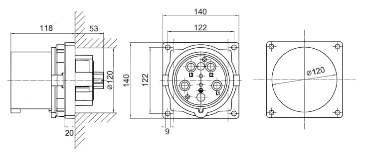 Вилка панельная PSP IP67 160A 3P+E 690В