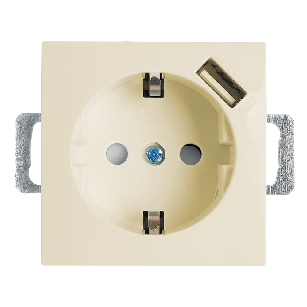 Розетка одноместная (механизм) с/з 250В, 16А с USB 1А, серия Эрна, слоновая кость, Stekker