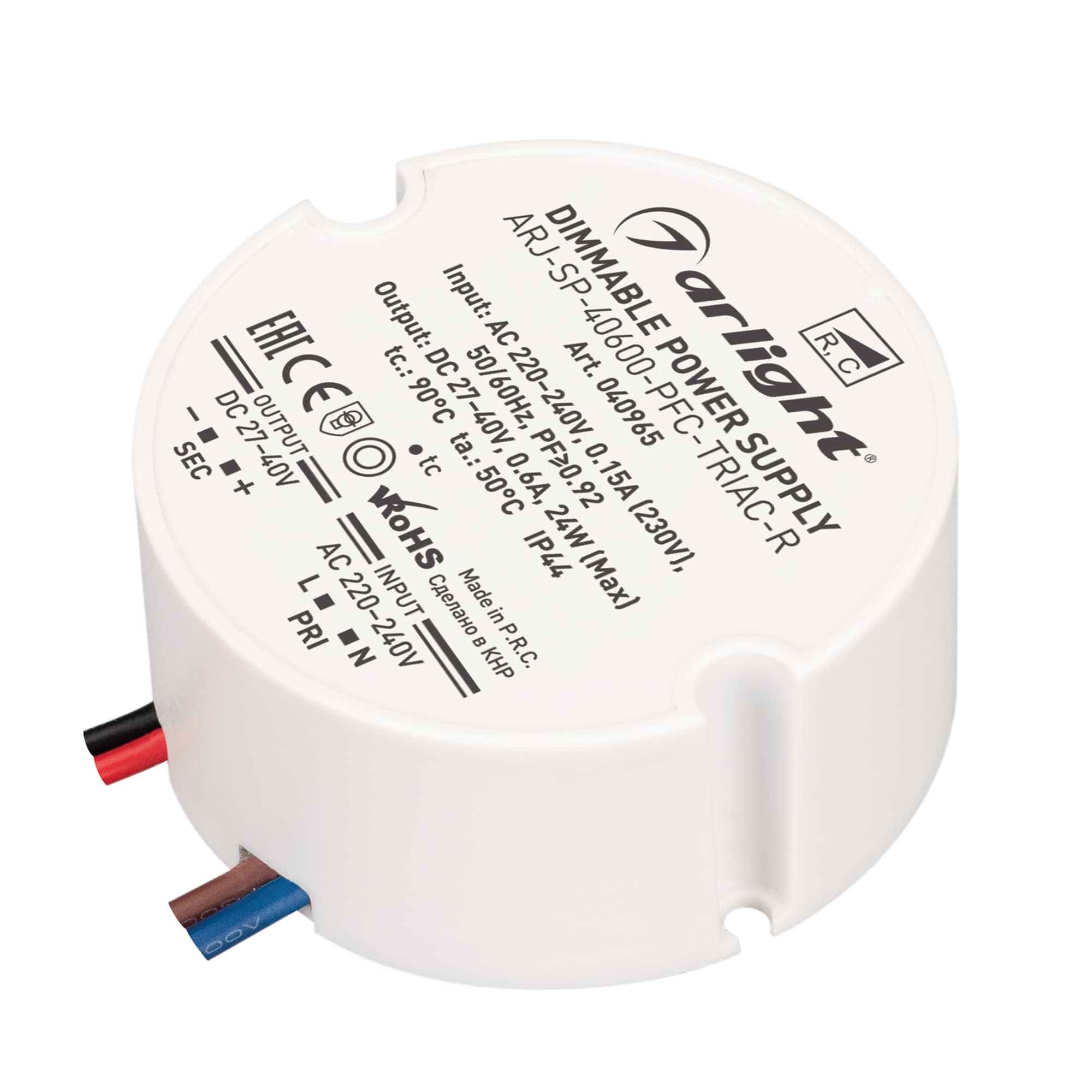Блок питания ARJ-SP-40600-PFC-TRIAC-R (24W, 27-40V, 600mA) (IP44 Пластик, 5 лет)