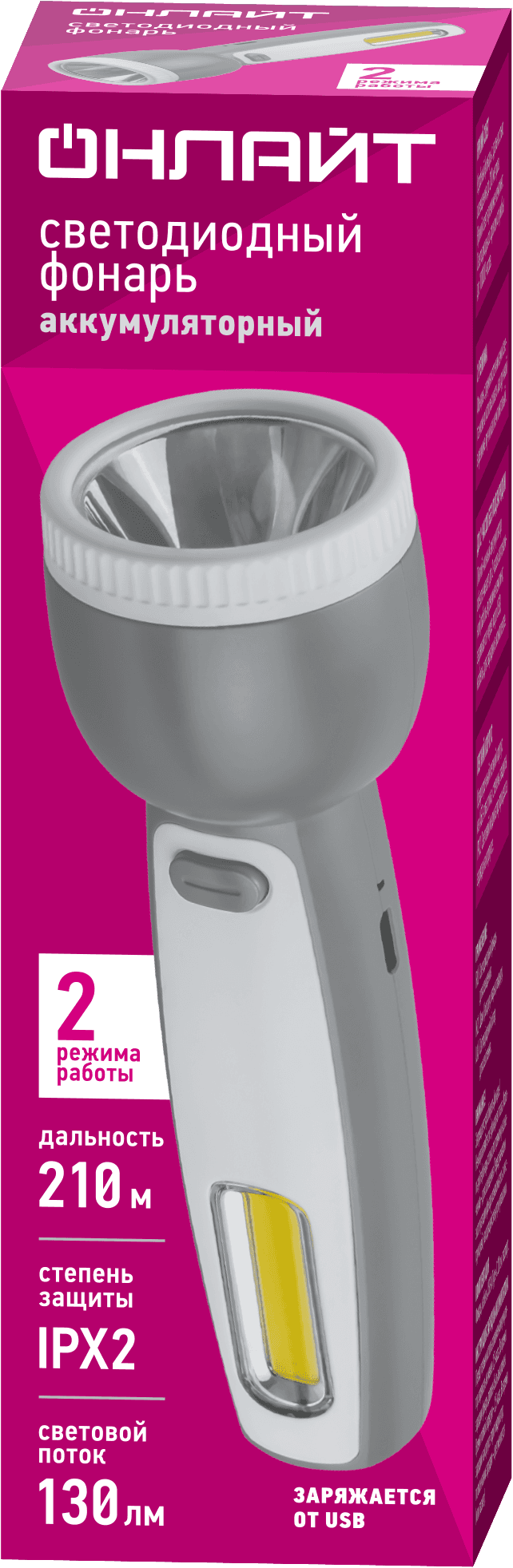 Фонарь ОНЛАЙТ OPT-CP08-ACCU пластиковый 1LED,3Вт+1COB,1Вт, 2 режима