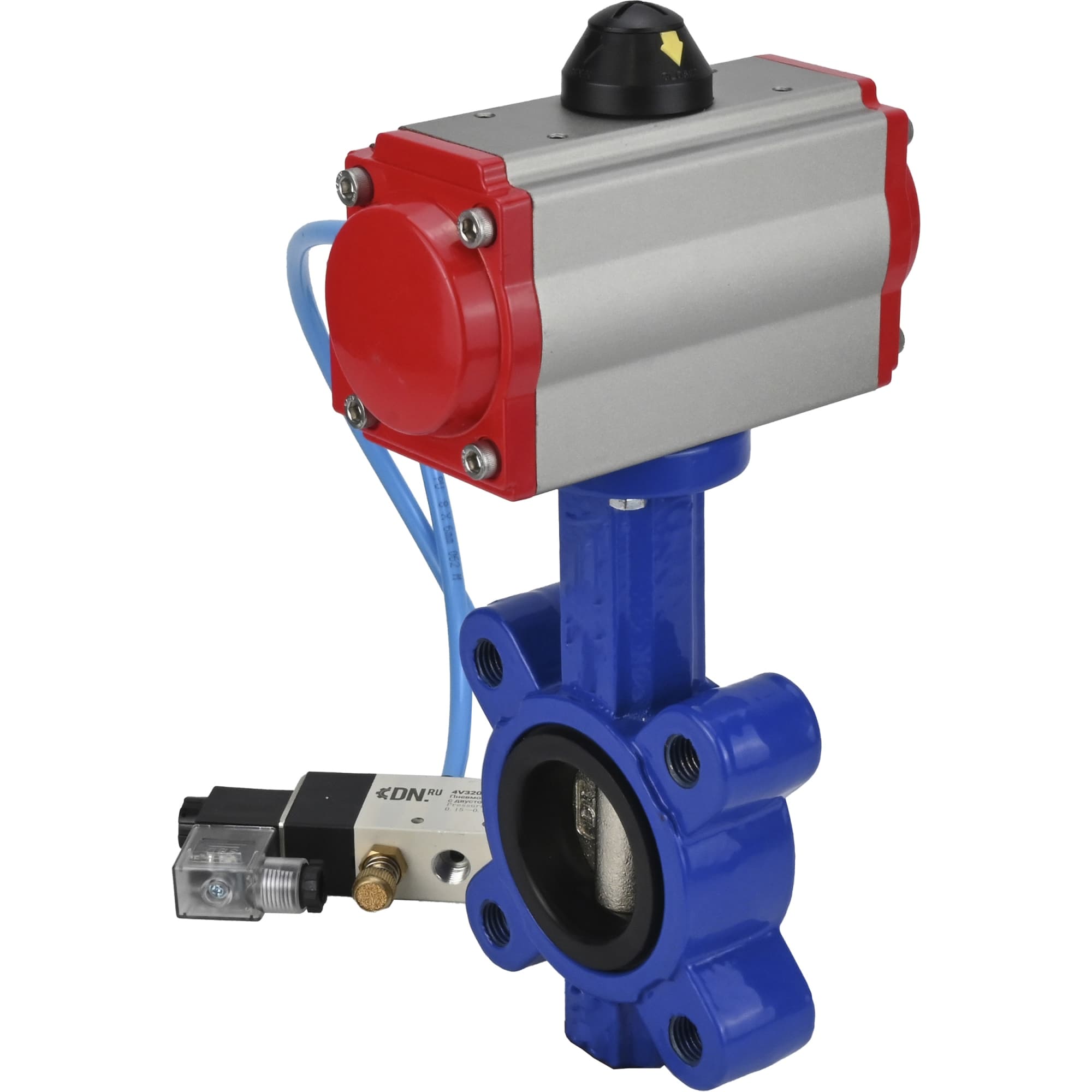 Затвор дисковый поворотный QT450-304-EPDM-2W-Fb-H Ду50 Ру16 корпус чугун QT450, диск нержавеющая сталь 304, уплотнение EPDM, с пневмоприводом DA-065 и пневмораспределителем PND1-S2EM-52-2-T10-220VAC