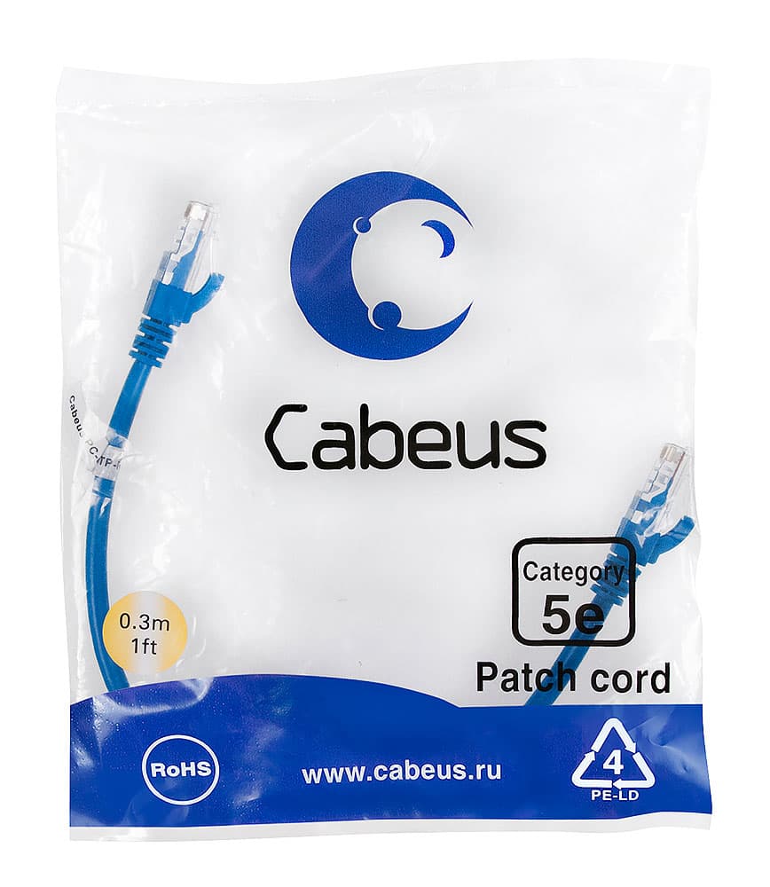 Патч-корд U/UTP, категория 5е, 2xRJ45/8p8c, неэкранированный, синий, PVC, 0.3м