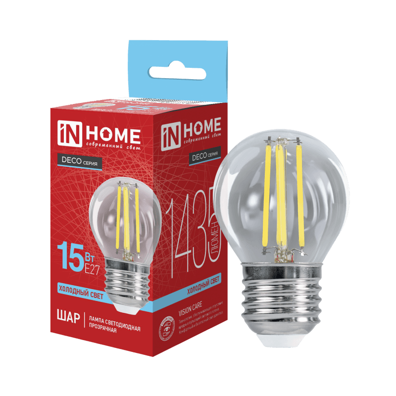 Лампа светодиодная LED-ШАР-deco 15Вт 230В Е27 6500К 1435Лм прозрачная IN HOME
