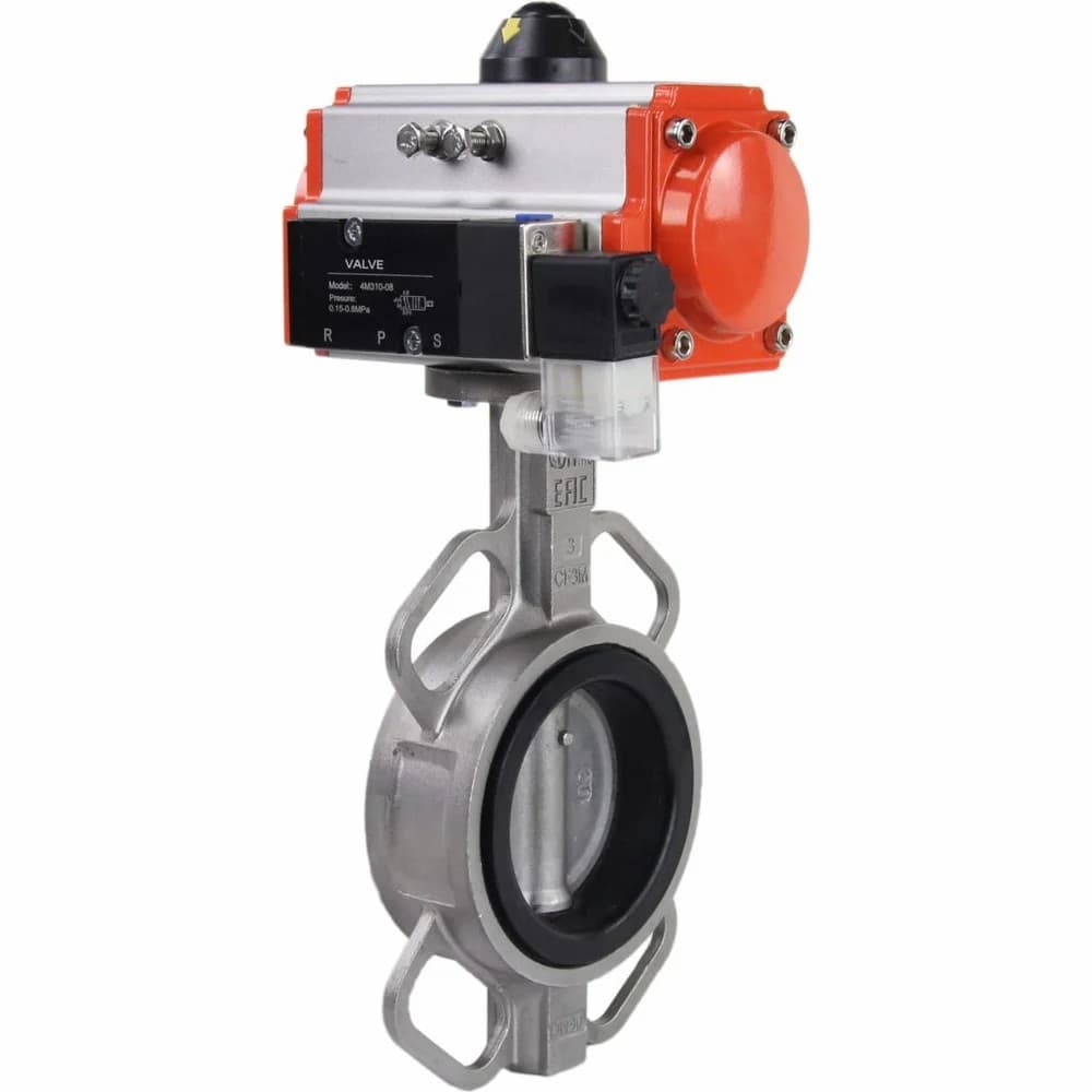 Затвор дисковый поворотный 316L-316L-VITON Ду150 Ру16, корпус и диск нержавеющая сталь 316L, уплотнение Viton, с пневмоприводом SA-130 с возвратными пружинами, с пневмораспределителем PND1-S2EM-52-2-T10-220VAC