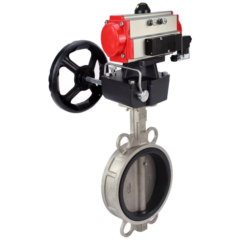 Затвор дисковый поворотный 316-316-EPDM-2W-Fb Ду65 Ру16, корпус и диск нержавеющая сталь 316L, уплотнение EPDM, с пневмоприводом DA-065, с пневмораспределителем PND1-S2EM-52-2-T10-220VAC, ручным дублером HDM-1