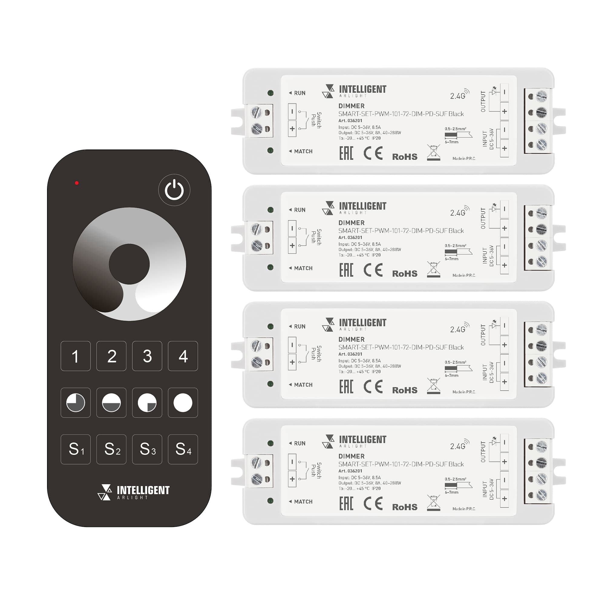 Диммер INTELLIGENT SMART-SET-PWM-101-72-DIM-PD-SUF Black (5-36V, 1x8A, x4, ПДУ 13кн, 2.4G) (IARL, IP20 Пластик, 5 лет)