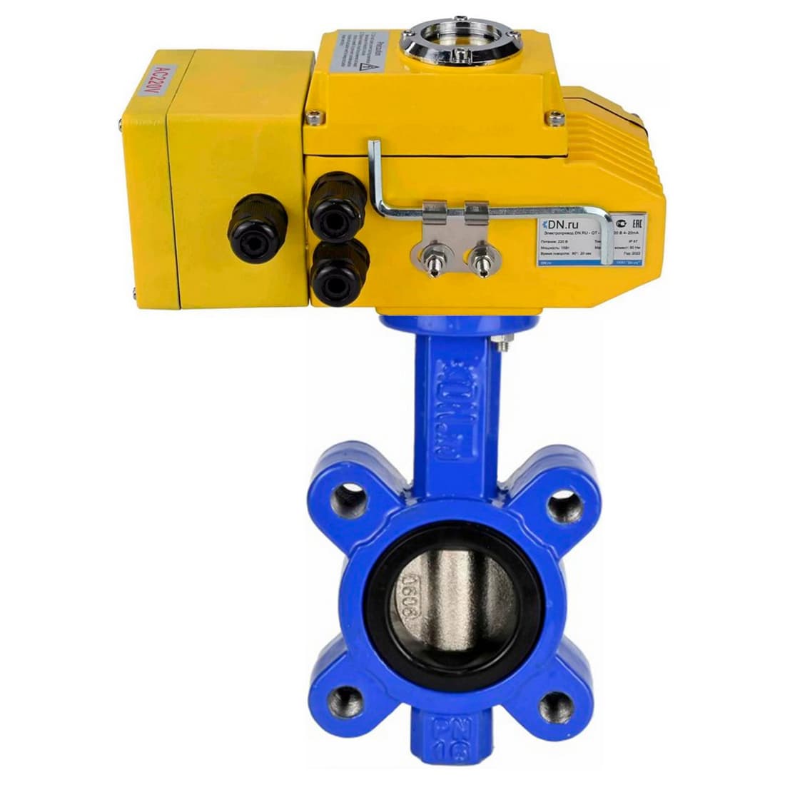 Затвор дисковый поворотный QT450-QT450-NBR-2W-Fb-H Ду65 Ру16 межфланцевый, корпус чугун QT450, диск чугун QT450, уплотнение NBR, с электроприводом QT-005-220В-0-10В-DAR