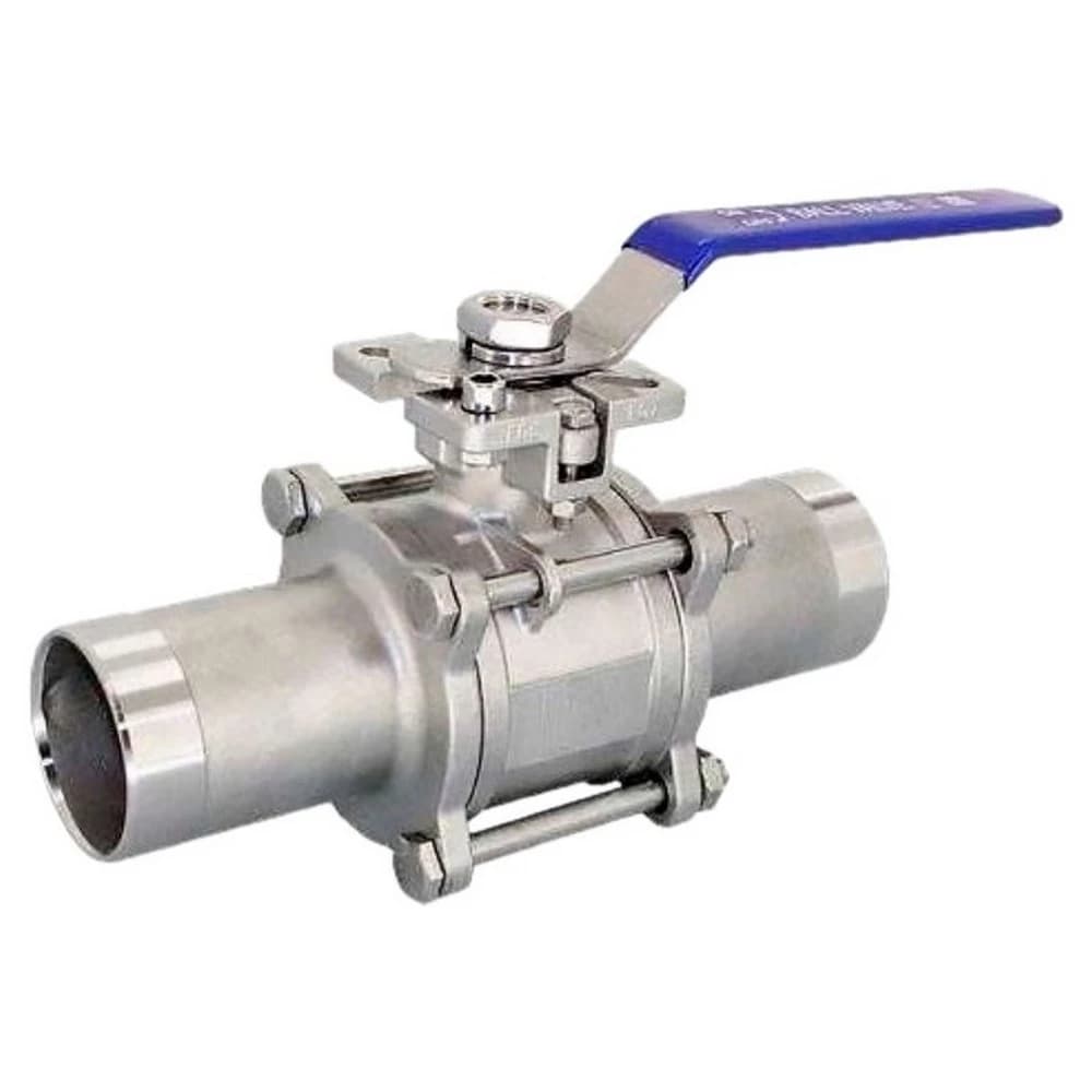 Кран шаровой 304-304-PTFE-W-ISO-H Ду10 Ру63 полнопроходной, трехсоставной, корпус нержавеющая сталь 304, уплотнение PTFE, под приварку, с рукояткой ISO-фланец F03/F04 квадрат 9х9