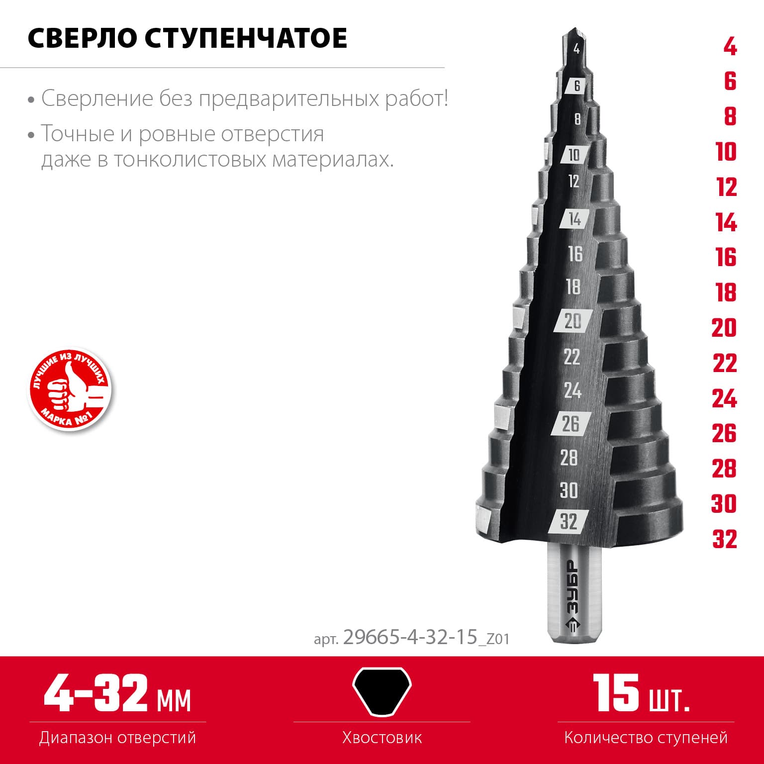 Сверло ступенчатое, 4-32 мм, 15 ступеней