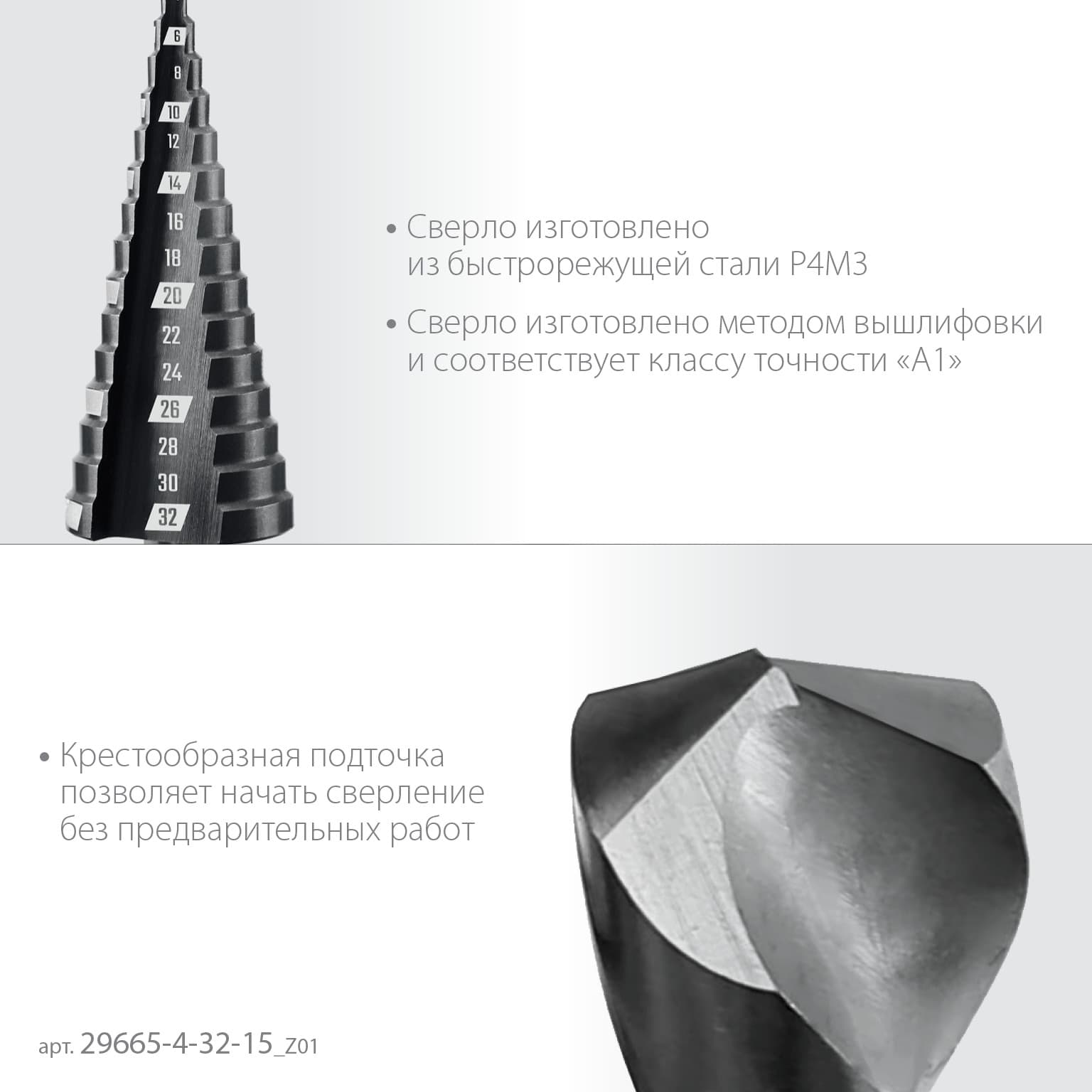 Сверло ступенчатое, 4-32 мм, 15 ступеней