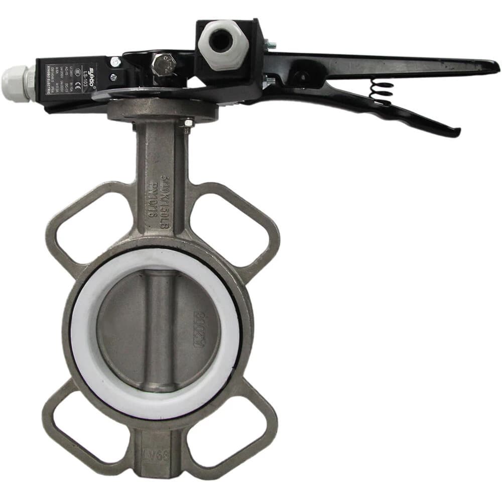 Затвор дисковый поворотный 316L-316L-PTFE Ду50 Ру16 корпус и диск нержавеющая сталь 316L, уплотнение PTFE, с рукояткой, с двумя концевыми датчиками LS-103-41NM2-250 и кронштейном для крепления концевых выключателей