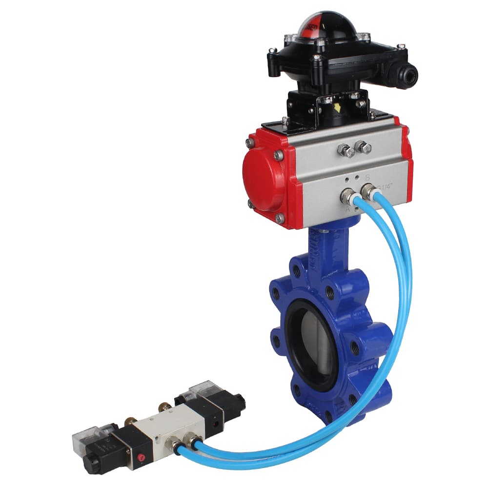 Затвор дисковый поворотный QT450-304-EPDM-2W-Fb-H Ду50 Ру16 чугун QT450, диск нержавеющая сталь 304, уплотнение EPDM, пневмопривод SA-083, пневмораспределитель PND1-S2EM-52-2-T10-220VAC и БКВ LSB-210-02NM12-220/24