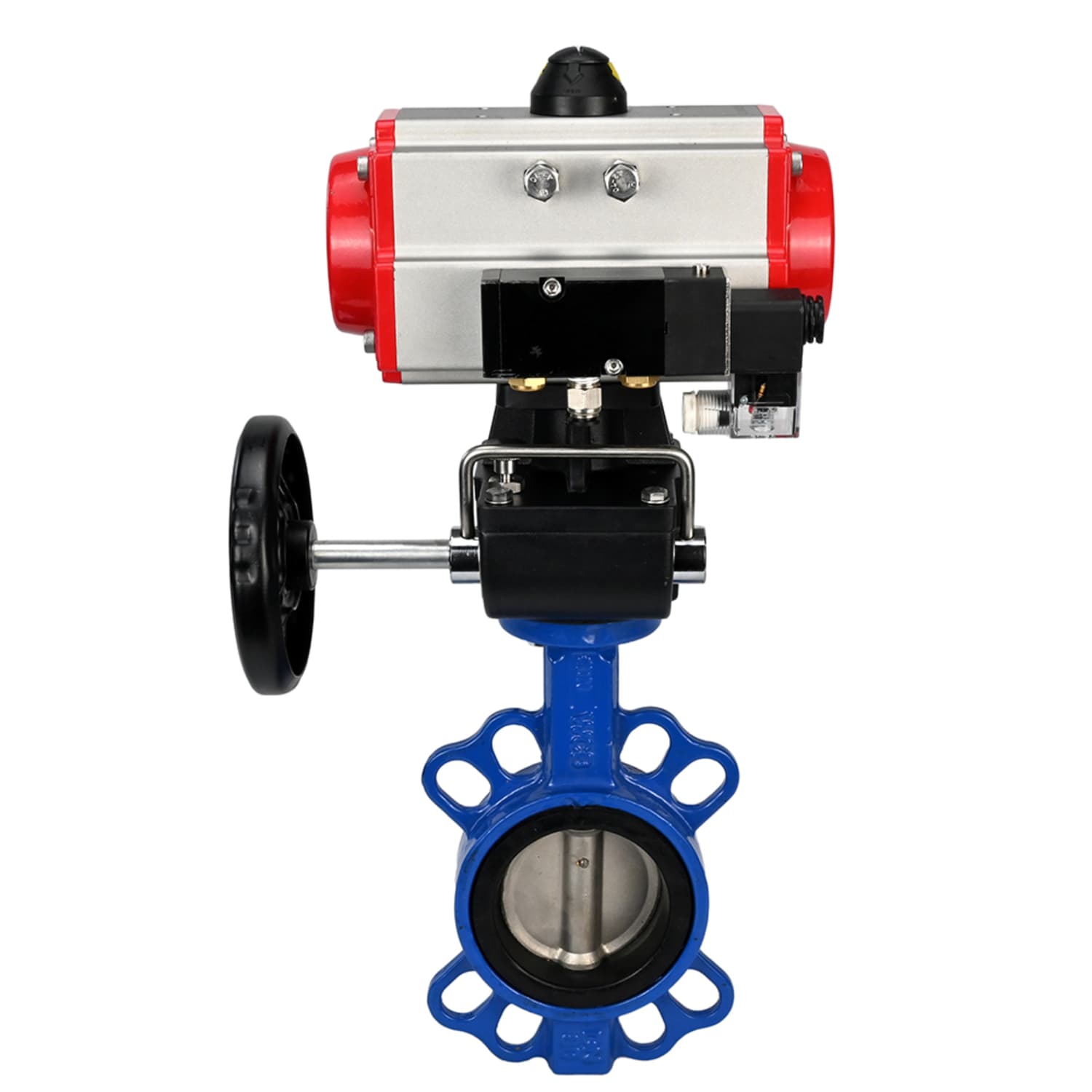 Затвор дисковый поворотный WCB-316L-VITON Ду80 Ру16, корпус углеродистая сталь WCB, диск нержавеющая сталь 316L, уплотнение Viton, с пневмоприводом DA-083, с пневмораспределителем PND2-S1EM-52-1NC-J08-24VDC, с ручным дублером HDM-2