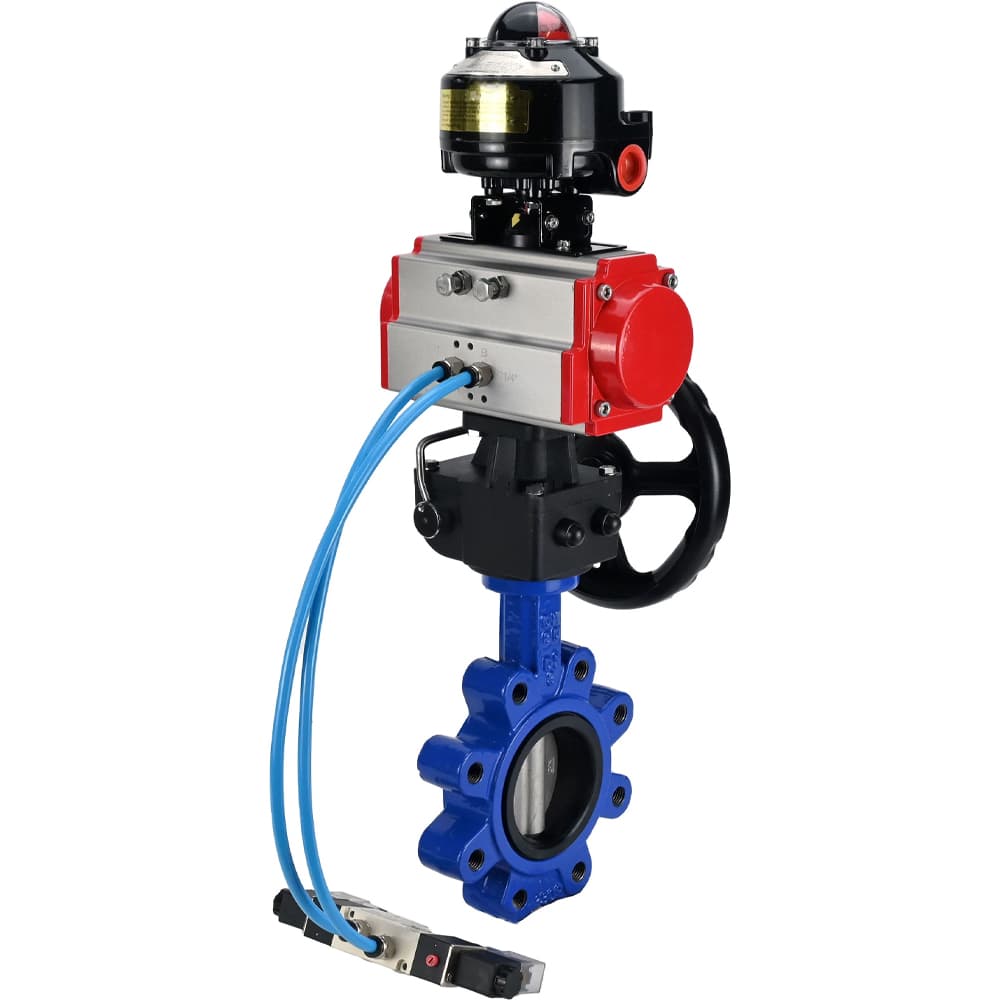 Затвор дисковый поворотный QT450-304-NBR-2W-Fb-H Ду50 Ру16 чугун QT450, диск нержавеющая сталь 304, уплотнение NBR, пневмопривод DA-065, пневмораспределитель PND1-S2EM-52-2-T10-220VAC, БКВ LSB-510-02ExM12-250, редуктор HDM-1
