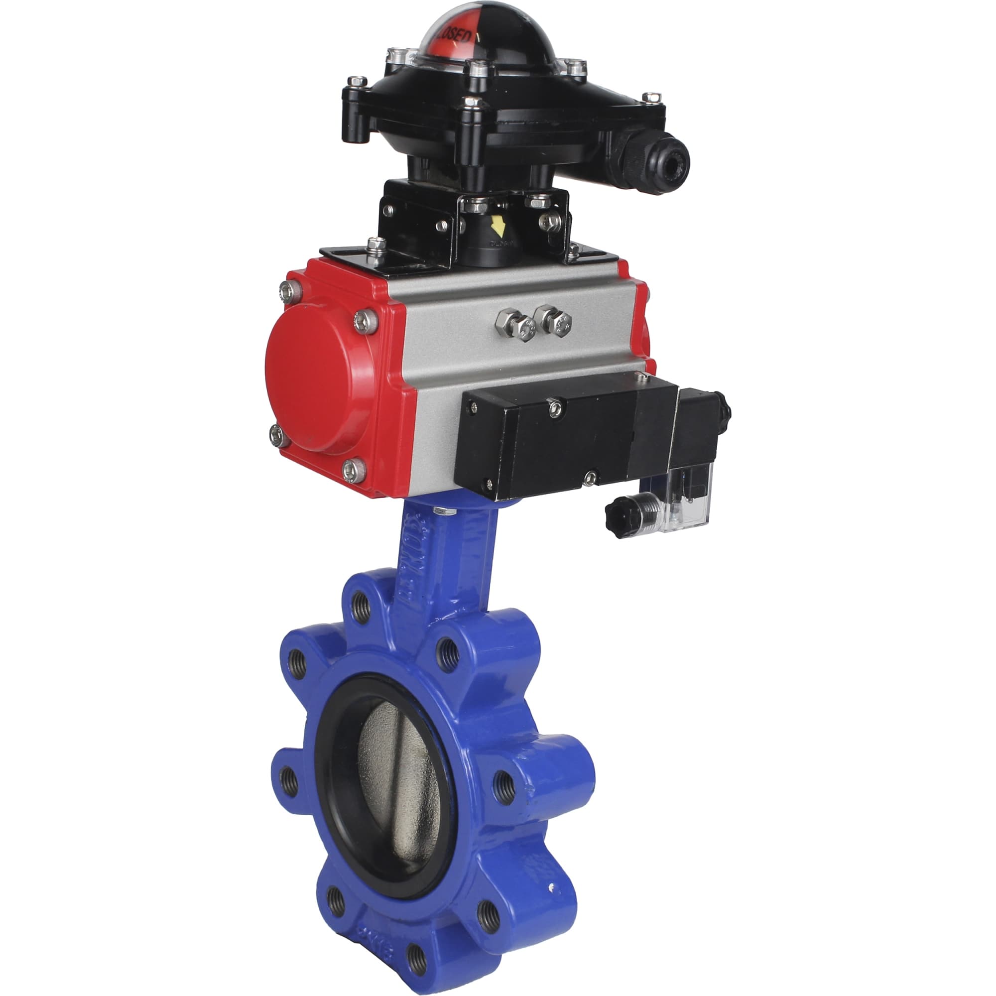 Затвор дисковый поворотный QT450-304-NBR-2W-Fb-H Ду80 Ру16 чугун QT450, диск нержавеющая сталь 304, уплотнение NBR, пневмопривод DA-083, пневмораспределитель PND2-S1EM-52-1NC-J08-220VAC и БКВ LSB-210-02NM12-220/24