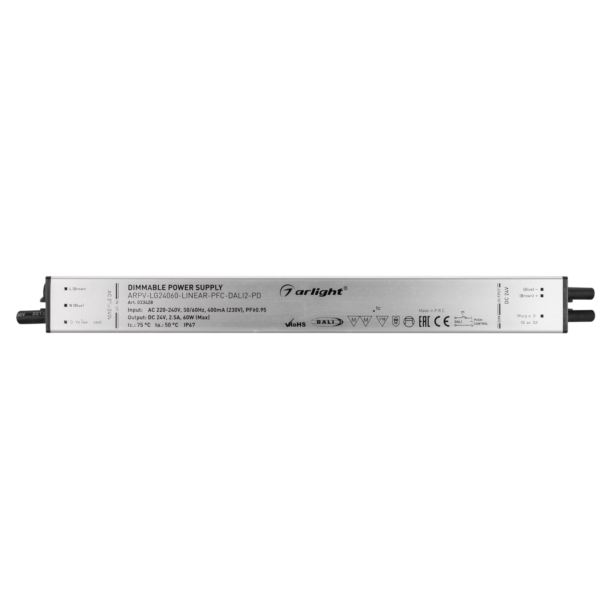 Блок питания ARPV-LG24060-LINEAR-PFC-DALI2-PD (24V, 2.5A, 60W) ( IP67 Металл, 5 лет)
