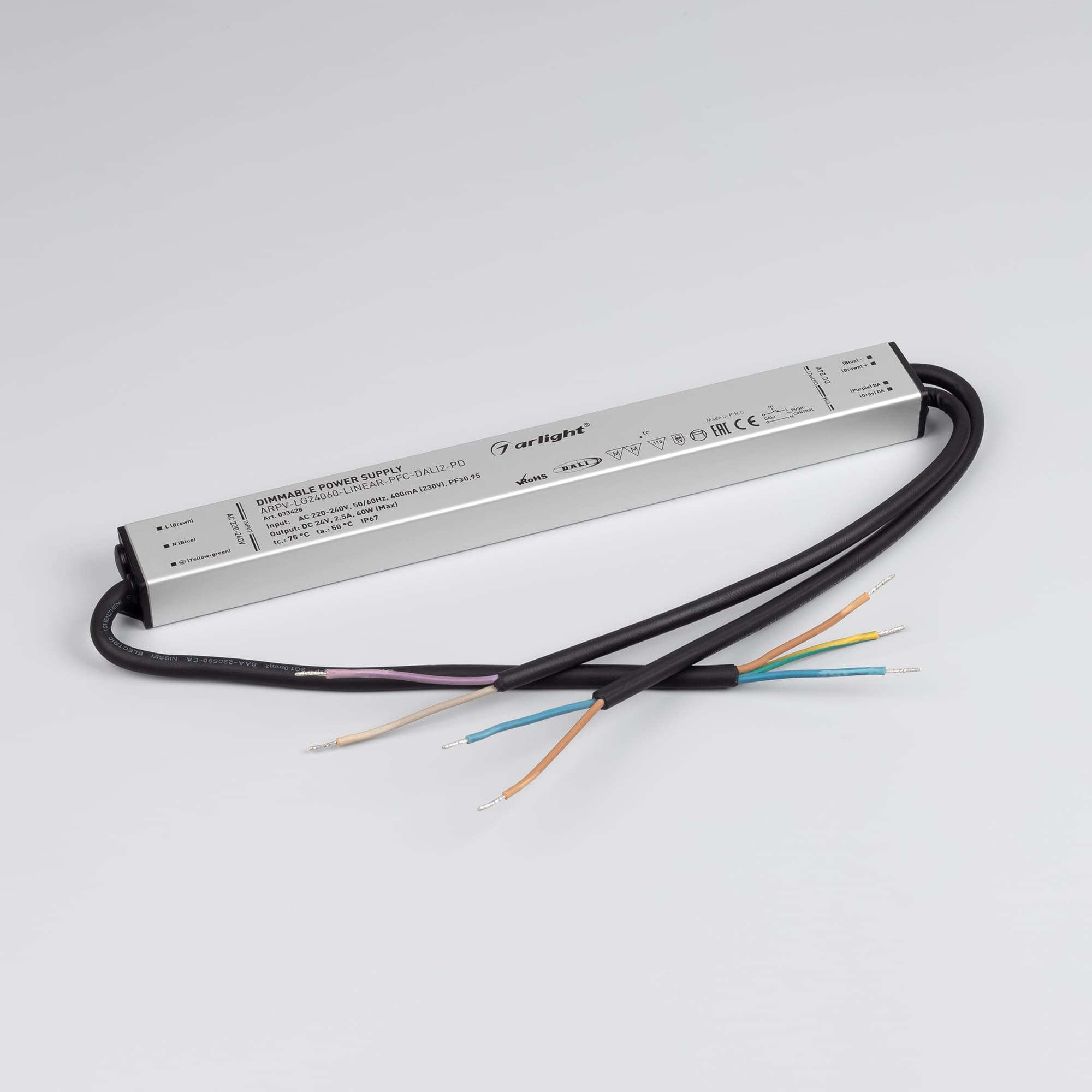 Блок питания ARPV-LG24060-LINEAR-PFC-DALI2-PD (24V, 2.5A, 60W) ( IP67 Металл, 5 лет)
