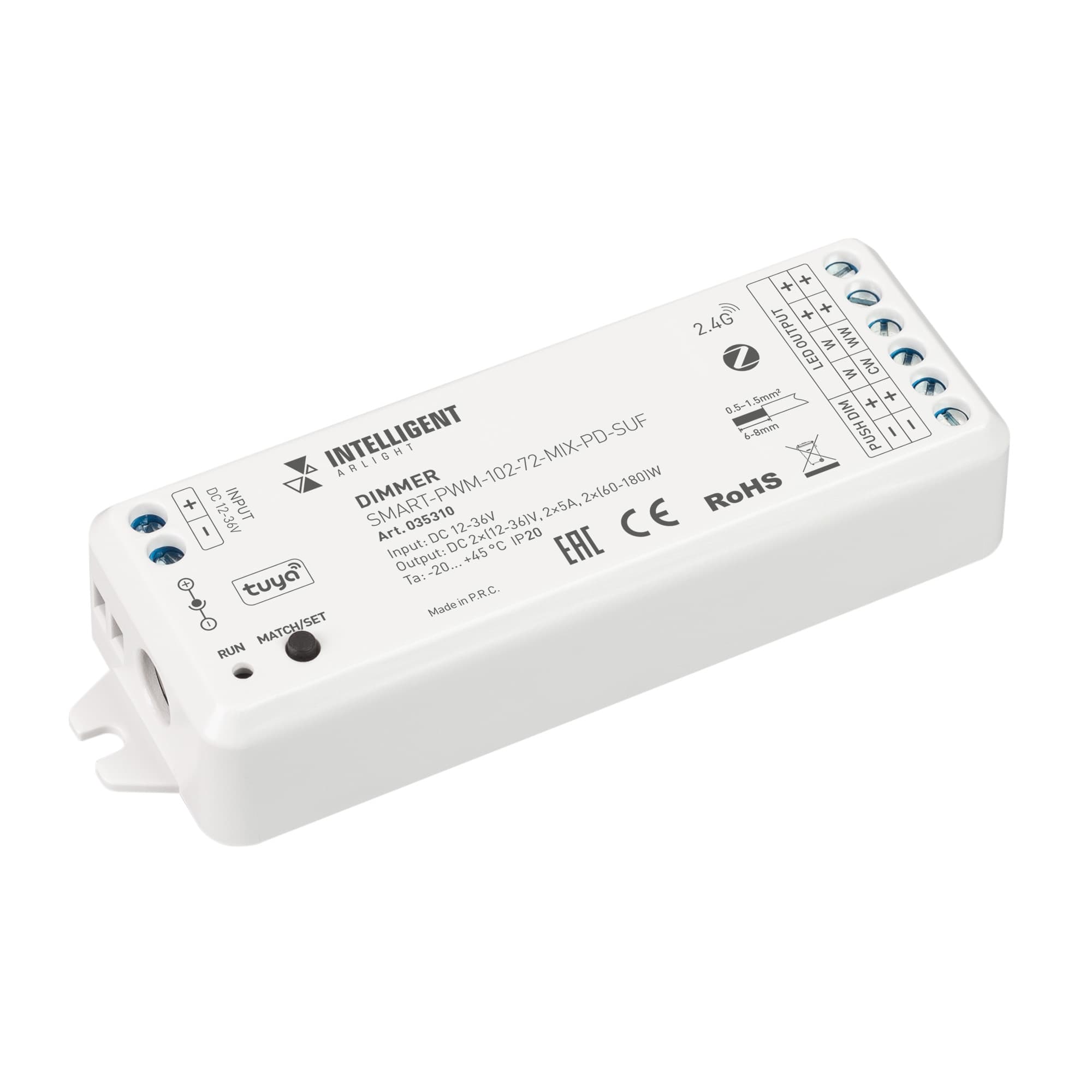 Диммер INTELLIGENT SMART-PWM-102-72-MIX-PD-SUF (12-36V, 2x5A, ZB, 2.4G) (IARL, Пластик)
