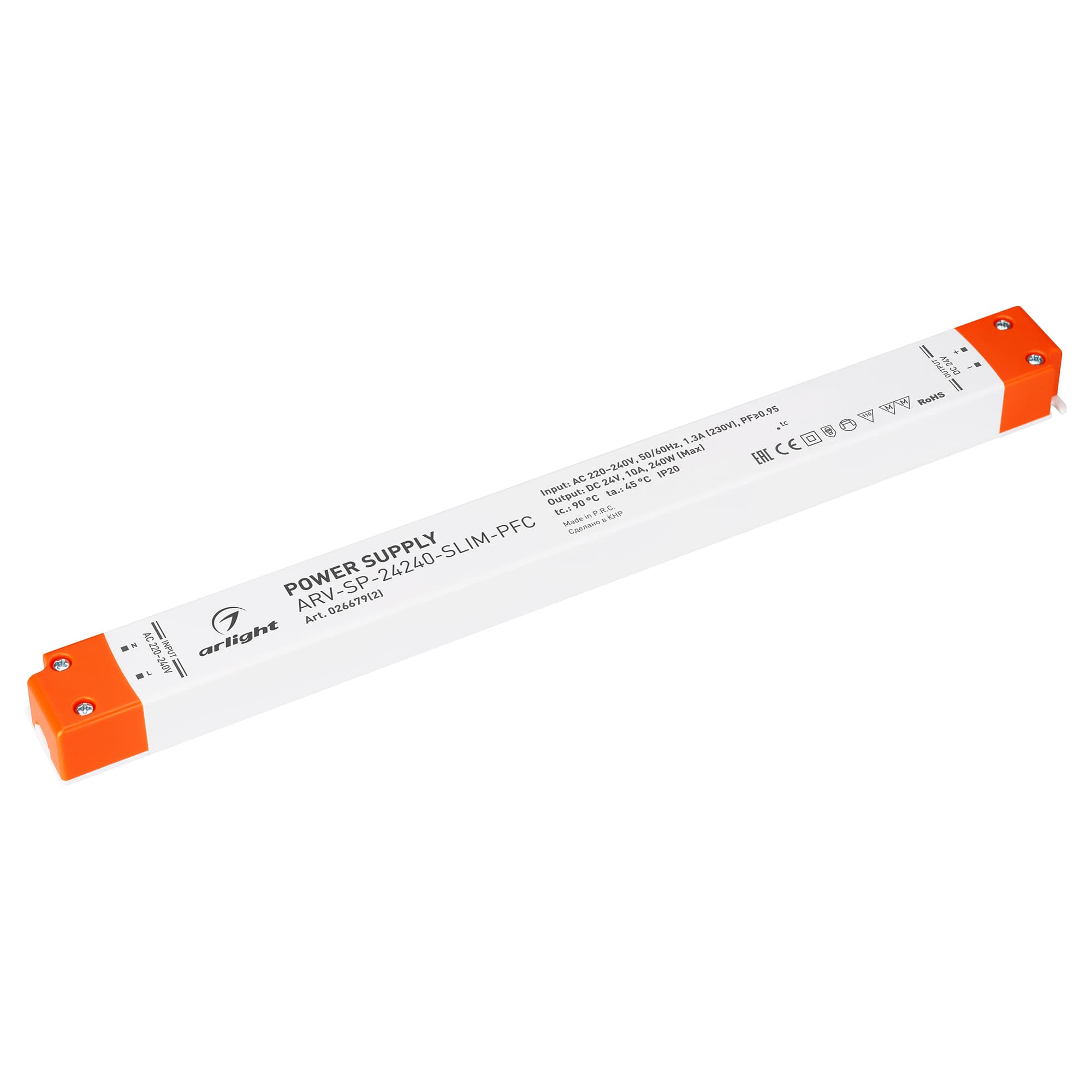Блок питания ARV-SP-24240-SLIM-PFC (24V, 10A, 240W) (ARL, для светодиодных лент, IP20 пластик, 5 лет)