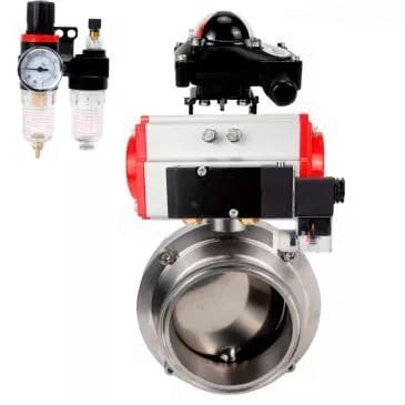 Затвор дисковый кламповый 304-304-Sil-2W-C-H Ду65 Ру10 корпус пищевая нержавеющая сталь 304, уплотнение Silicon, пневмопривод SA-083, пневмораспределителем PND2-S1EM-52-1NC-J08-24VDC, БКВ LSB-210-02NM12-220/24 и БПВ APU1-10-40-V08