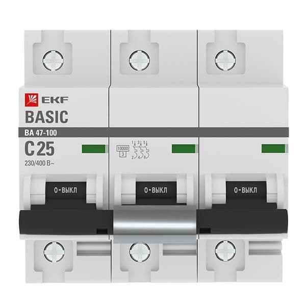 Автоматический выключатель 3P 25А (C) 10kA ВА 47-100 EKF Basic
