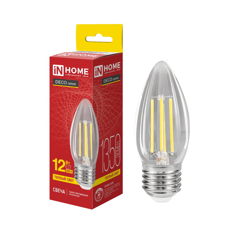 Лампа светодиодная LED-СВЕЧА-deco 12Вт 230В Е27 3000К 1350Лм прозрачная IN HOME