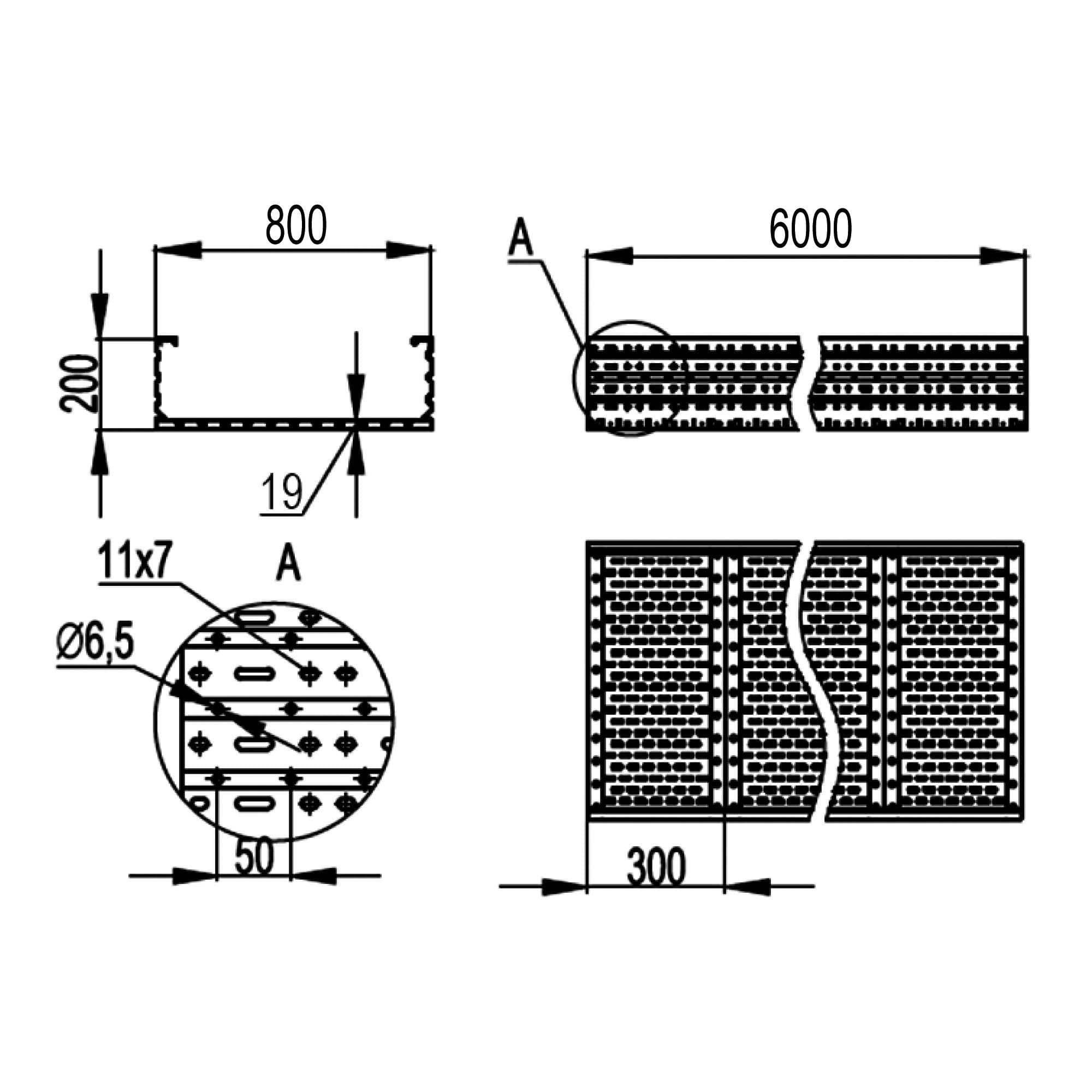 Лоток листовой 200x800, лонжерон 2 мм, L 6 м