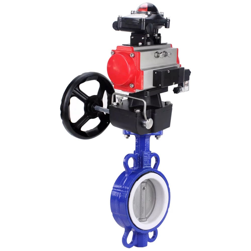 Затвор дисковый поворотный WCB-316-PTFE-2W-Fb Ду150 Ру16, корпус углеродистая сталь WCB, уплотнение PTFE, с пневмоприводом DA-130, с пневмораспределителем PND1-S2EM-52-2-T10-220VAC, БКВ LSB-410-02ExM12-250, ручным дублером HDM-3