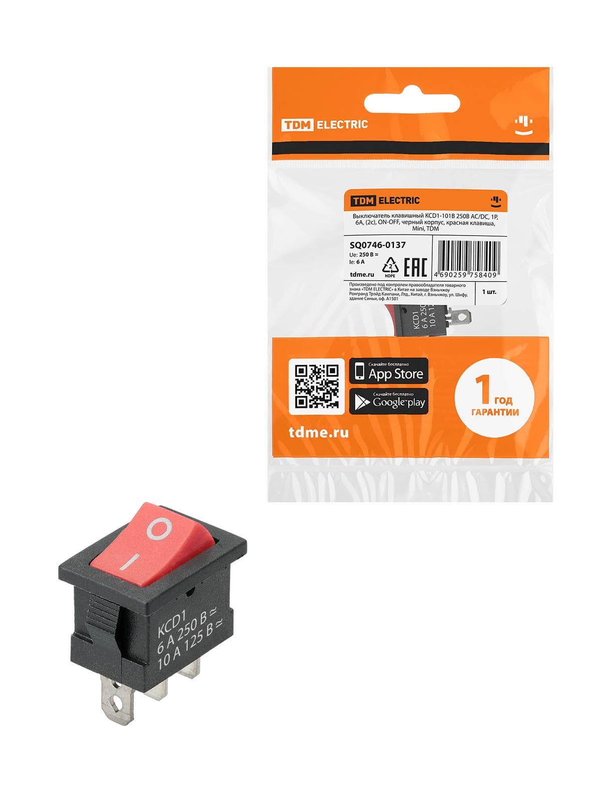 Выключатель клавишный KCD1-102 250В AC/DC, 1P, 6А, (3с), ON-ON, черный корпус, красная клавиша, Mini TDM