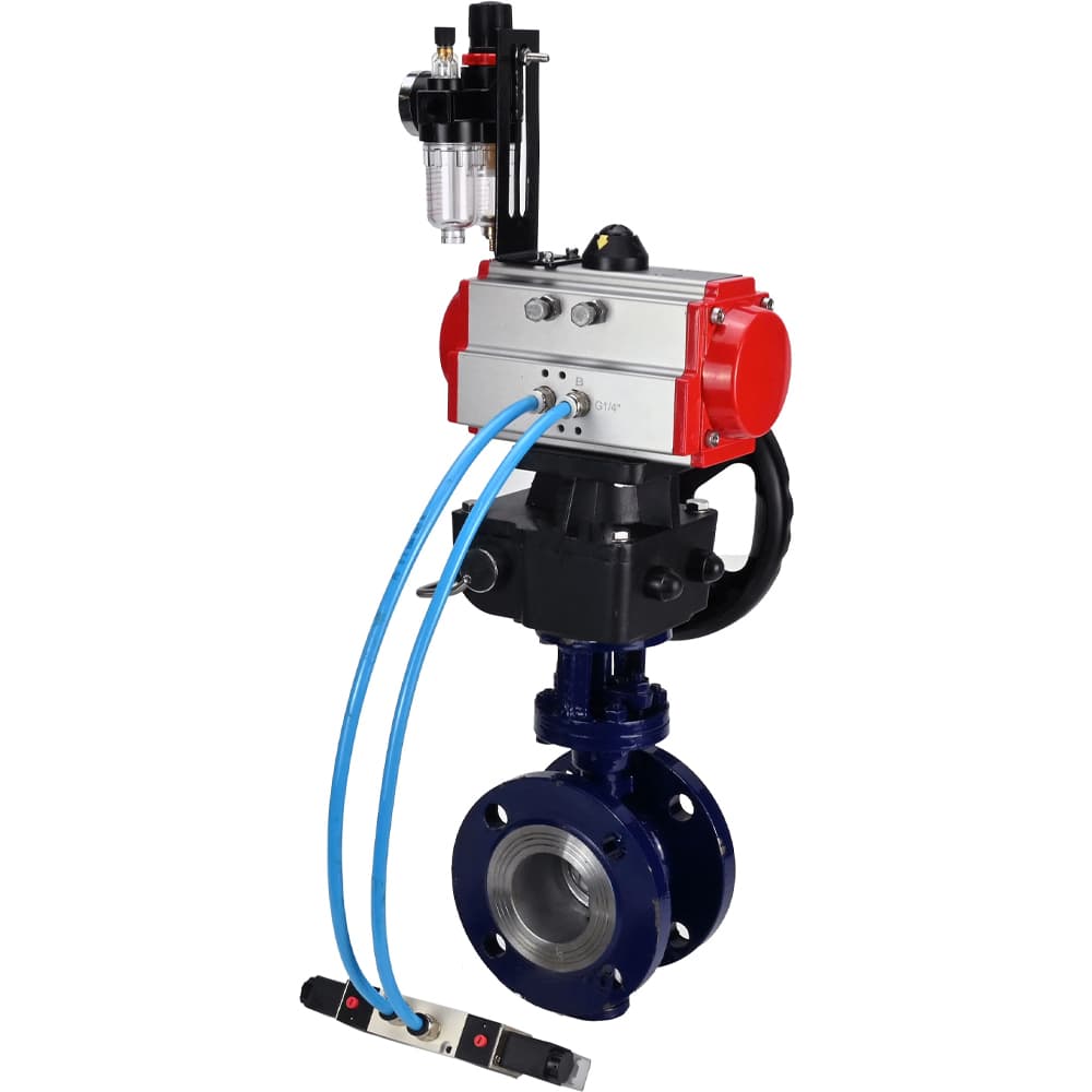 Затвор дисковый поворотный с тройным эксцентриситетом WCB-316-M-F-ISO Ду65 Ру25 фланцевый, сталь WCB диск нержавеющая сталь 316, METAL, пневмопривод DA-083, пневмораспределитель PND1-S2EM-52-2-T08-220VAC, дублером HDM-2 и БПВ APU1-10-40-V08