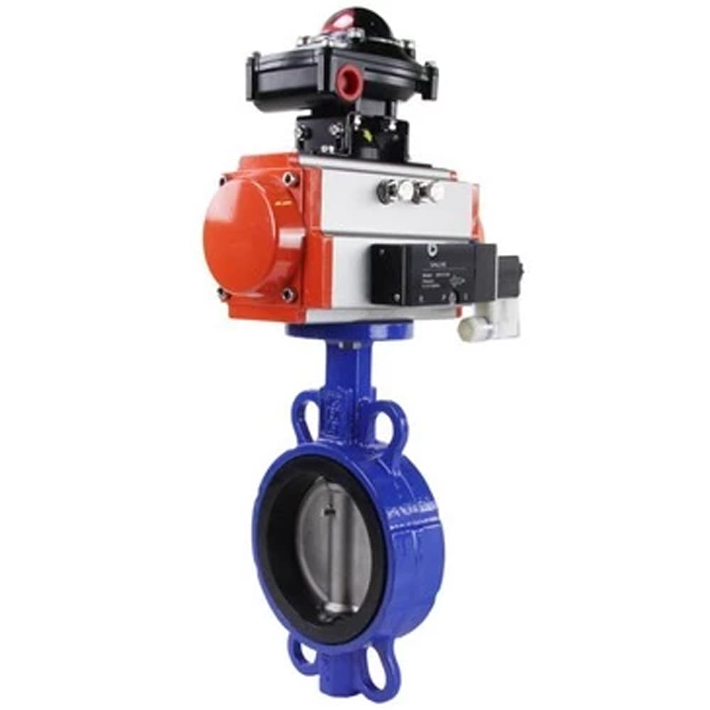 Затвор дисковый поворотный GGG50-316L-EPDM Ду65 Ру16, корпус чугун GGG50, диск нержавеющая сталь 316L, уплотнение EPDM, с пневмоприводом DA-065 двойного действия, с пневмораспределителем PND1-S2EM-52-2-T08-220VAC, с БКВ LSB-510-02ExM12-250