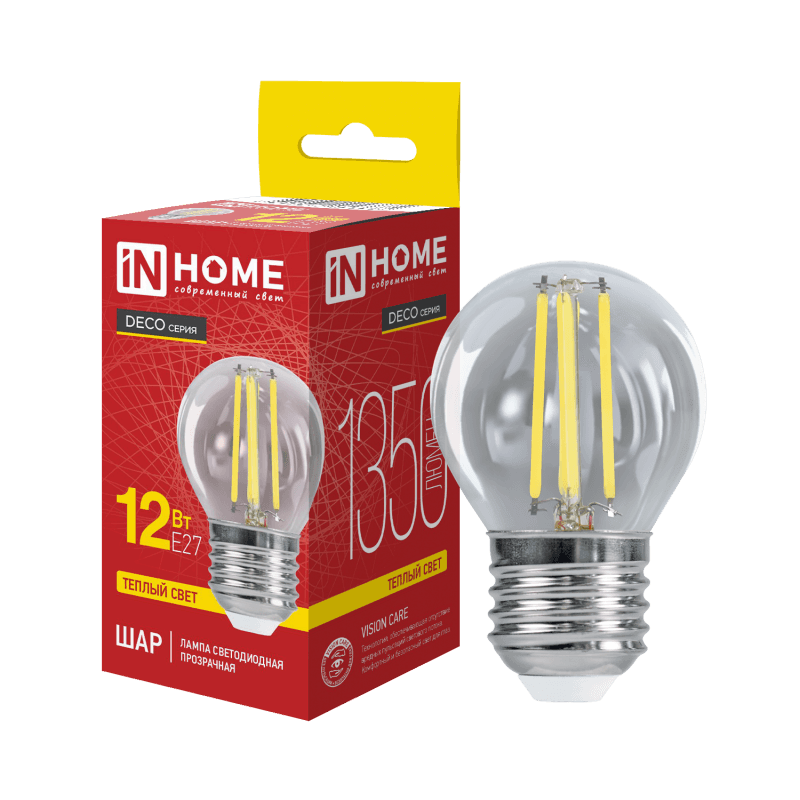 Лампа светодиодная LED ШАР deco 12 Вт 230 В Е27 3000 К 1350 Лм прозрачная