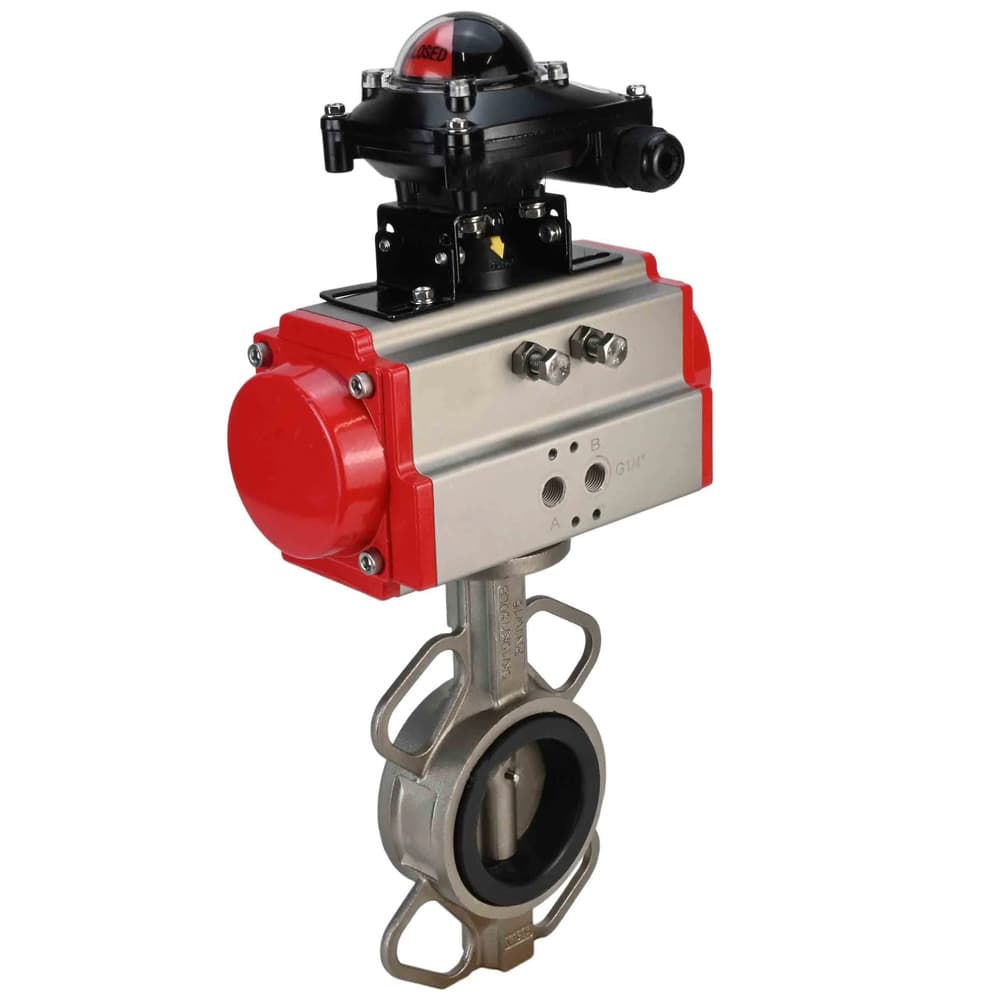 Затвор дисковый поворотный 316L-316L-VITON Ду65 Ру16, корпус и диск нержавеющая сталь 316L, уплотнение Viton, с пневмоприводом SA-105 двойного действия, с БКВ LSB-210-02NM12-220/24