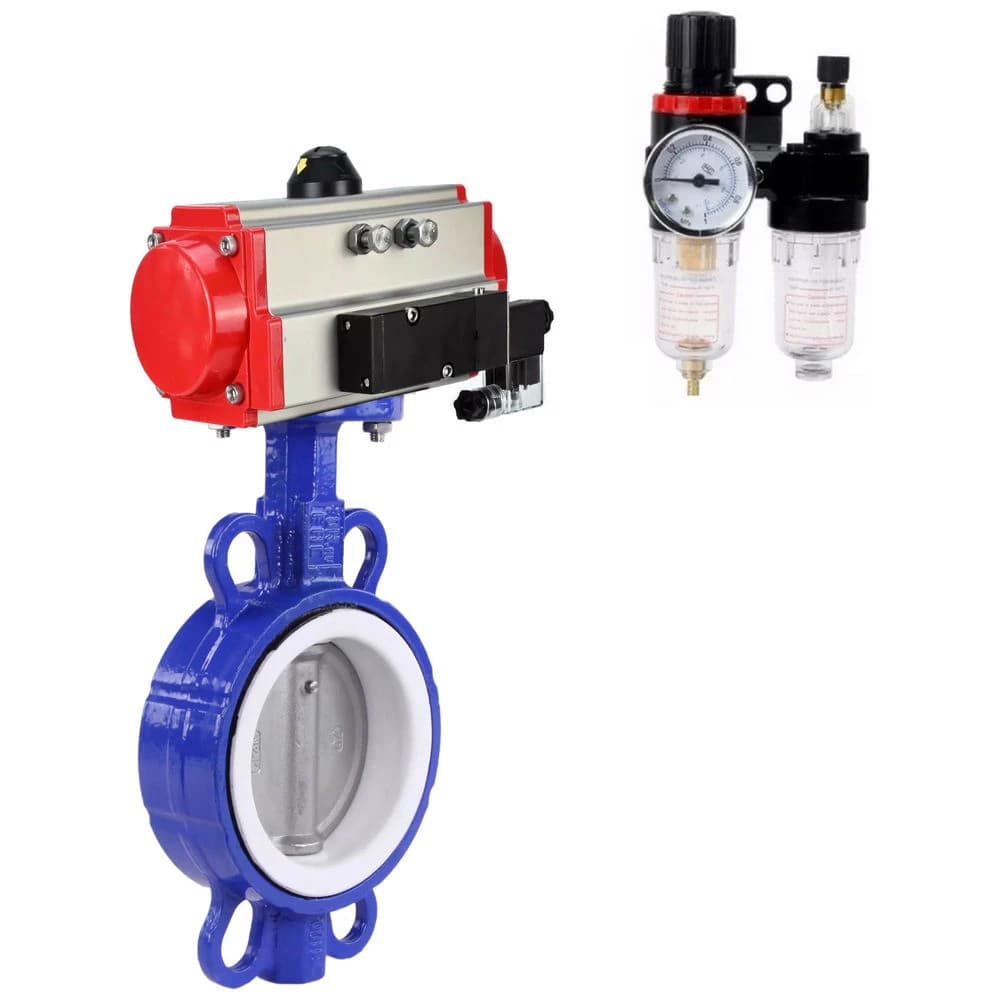Затвор дисковый поворотный WCB-316-PTFE-2W-Fb Ду65 Ру16, корпус углеродистая сталь WCB, диск нержавеющая сталь 316L, уплотнение PTFE, с пневмоприводом DA-083, с пневмораспределителем PND1-S2EM-52-2-T10-220VAC, БПВ APU1-10-40-V08