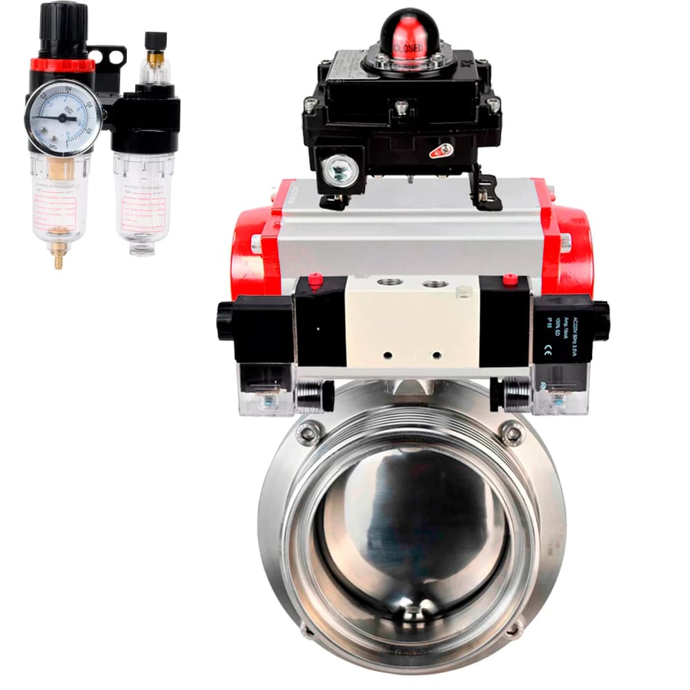 Затвор дисковый поворотный 304-304-Sil-2W-T-H Ду15 Ру10 пищевая нержавеющая сталь 304, уплотнение Silicon, с пневмоприводом DA-065, пневмораспределителем PND1-S2EM-52-2-T10-220VAC, БКВ LSB-410-02ExM12-250 и БПВ APU1-10-40-V08