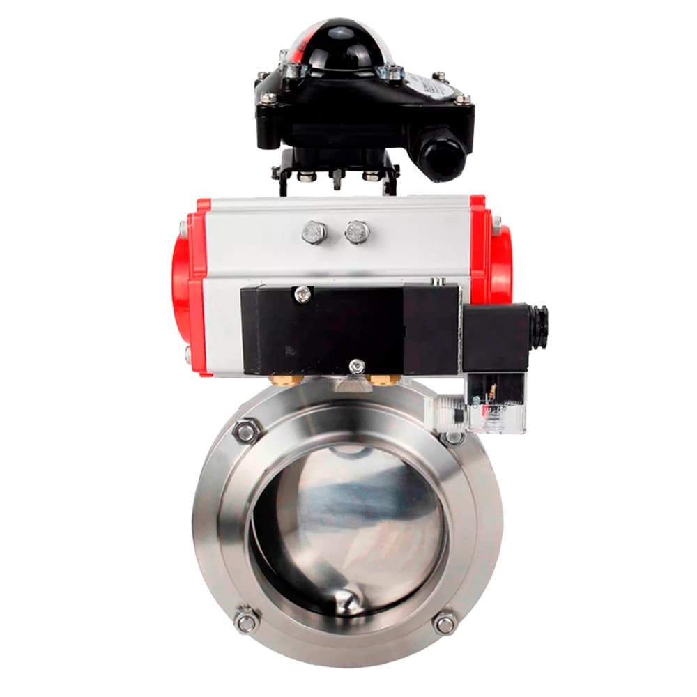 Затвор дисковый поворотный 304-304-Sil-2W-W-H Ду20 Ру10 пищевая нержавеющая сталь 304, уплотнение Silicon, с пневмоприводом DA-065, пневмораспределителем PND2-S1EM-52-1NC-J08-24VDC и БКВ LSB-210-02NM12-220/24