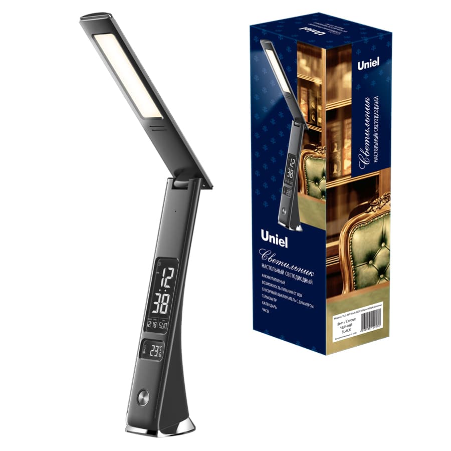 Светильник TLD-567 Black/LED/300Lm/4500K/Dimmer настольный c часами, календарем, термометром, 6W. Встроенный аккумулятор 2000mAh. Сенсорный выключатель. Диммер. Черный.