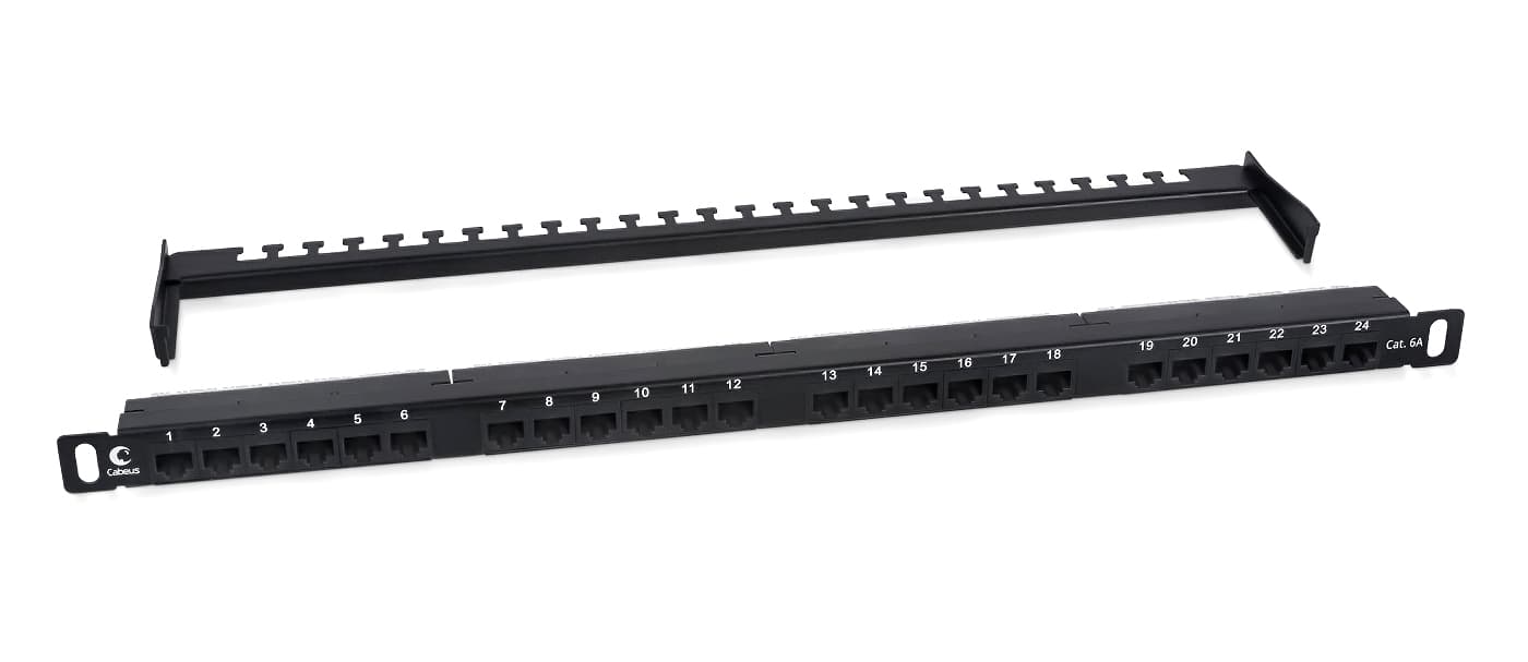 Патч-панель высокой плотности 19' (0,5U), 24 порта RJ-45, категория 6a, Dual IDC,180 градусов, с задним кабельным организатором