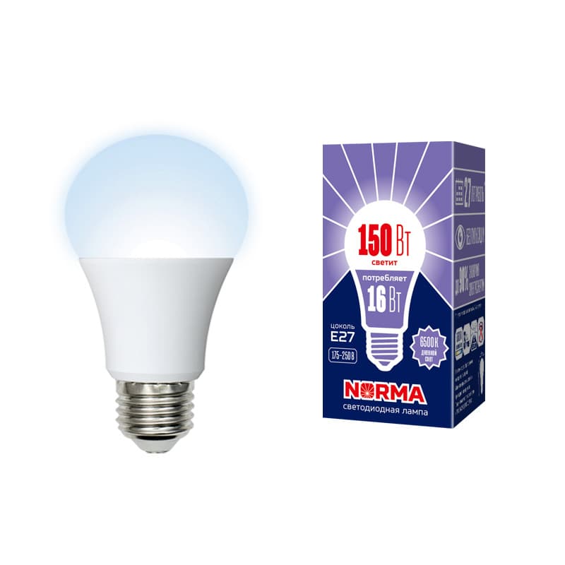 Лампа светодиодная LED-A60-16W/NW/E27/FR/NR Форма A, матовая, Norma, белый свет (4000K), картон, ТМ Volpe