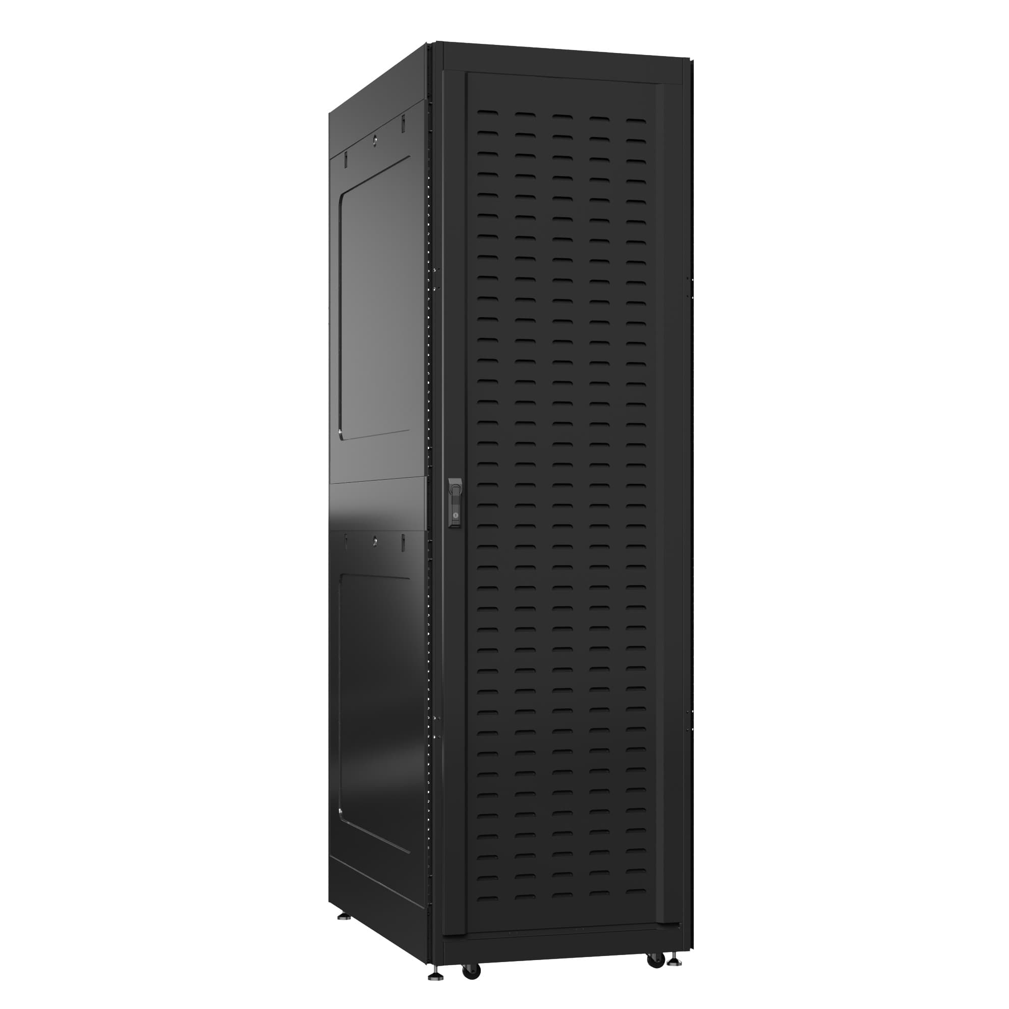 Шкаф серверный 52U 800х1200 передняя дверь: протект IP41. задняя дверь: двустворчатая перфорированная IP20. боковые панели: глухой металл. цвет: черный RAL9005