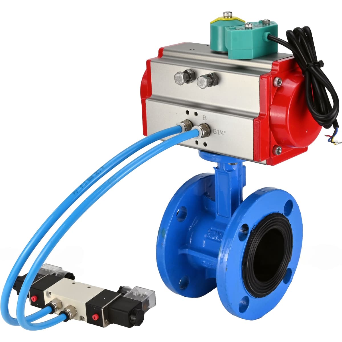 Затвор дисковый поворотный DN.ru GGG40-304-EPDM-2W-F-H Ду100 Ру16 корпус чугун GGG40, диск нержавеющая сталь 304, уплотнение EPDM, с пневмоприводом DA-105, пневмораспределителем PND1-S2EM-52-2-T08-220VAC и переключателем МППП-200