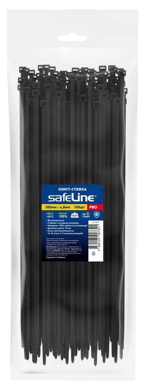 Хомут-стяжка кабельная нейлоновая Safeline 4,8x300-B-100, черная (100 шт.)