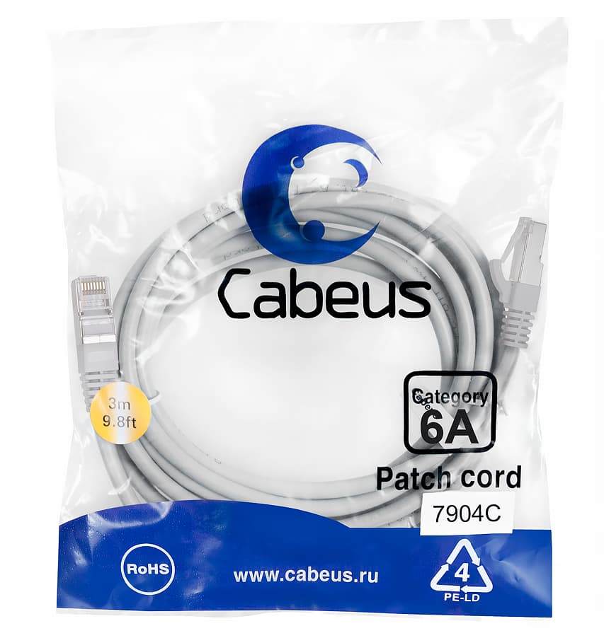 Патч-корд S/FTP, категория 6а (10G), 2xRJ45/8p8c, экранированный, серый, LSZH, 3м