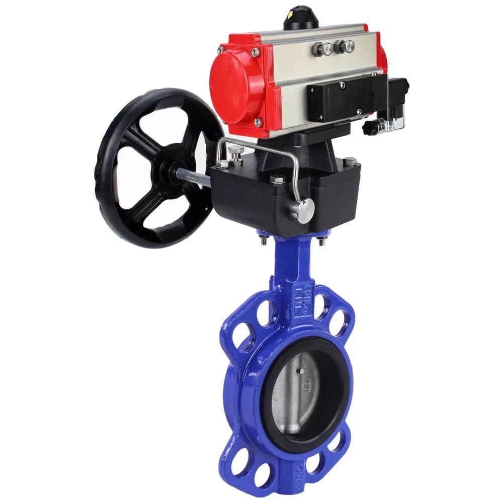 Затвор дисковый поворотный WCB-316-EPDM-2W-Fb Ду150 Ру16, корпус углеродистая сталь WCB, диск нержавеющая сталь 316L, уплотнение EPDM, с пневмоприводом DA-105, с пневмораспределителем PND1-S2EM-52-2-T10-220VAC, ручным дублером HDM-3