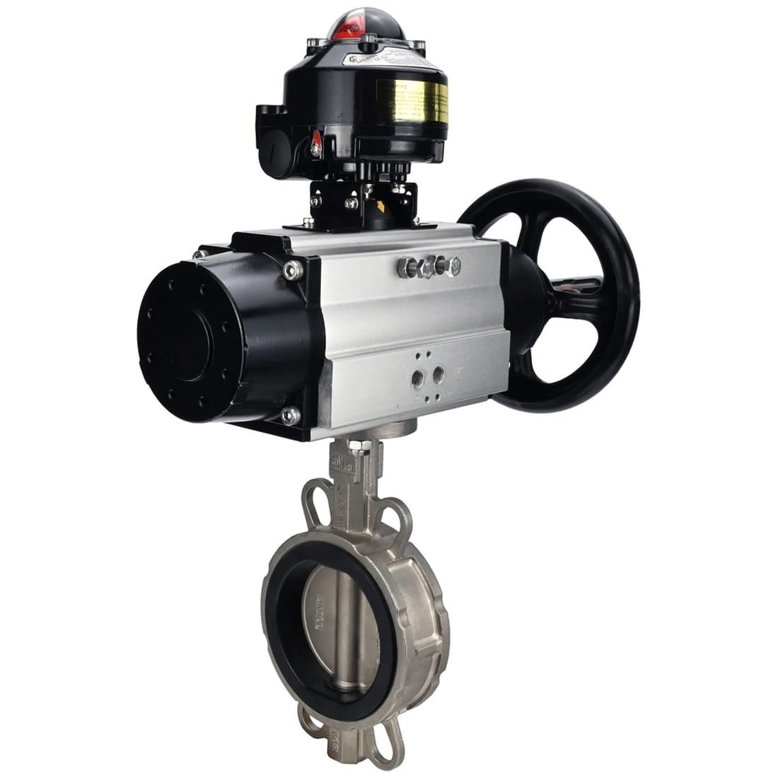 Затвор дисковый поворотный 304-304-VITON-2W-Fb-H Ду150 Ру16 межфланцевый, корпус нержавеющая сталь 304, диск нержавеющая сталь 304, уплотнение VITON, с пневмоприводом DA-105 и БКВ LSB-210-02NM12-220/24