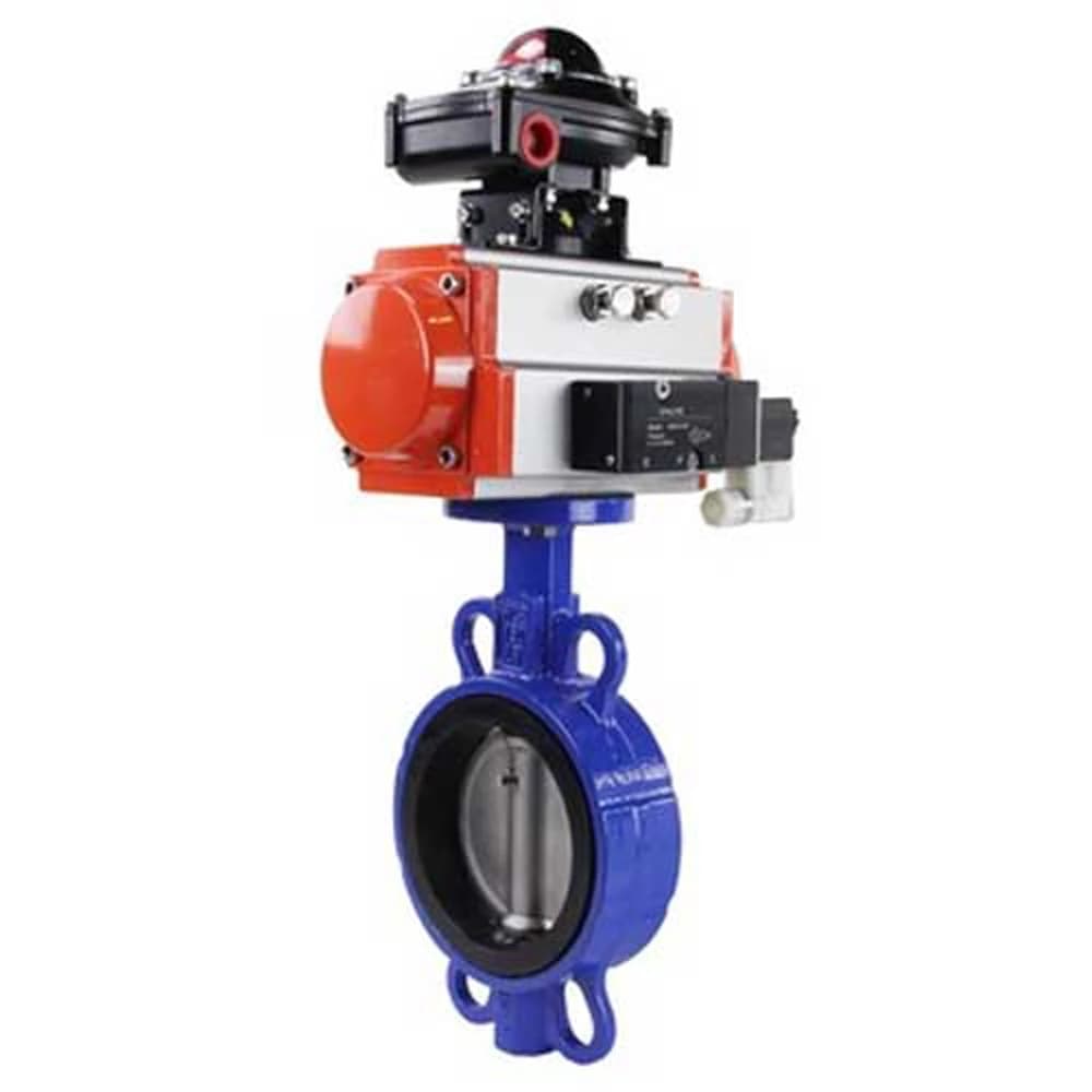 Затвор дисковый поворотный WCB-316L-VITON Ду50 Ру16, корпус углеродистая сталь WCB, диск нержавеющая сталь 316L, уплотнение Viton, с пневмоприводом DA-065, с пневмораспределителем PND2-S1EM-52-1NC-J08-220VAC, с БКВ LSB-410-02ExM12-250