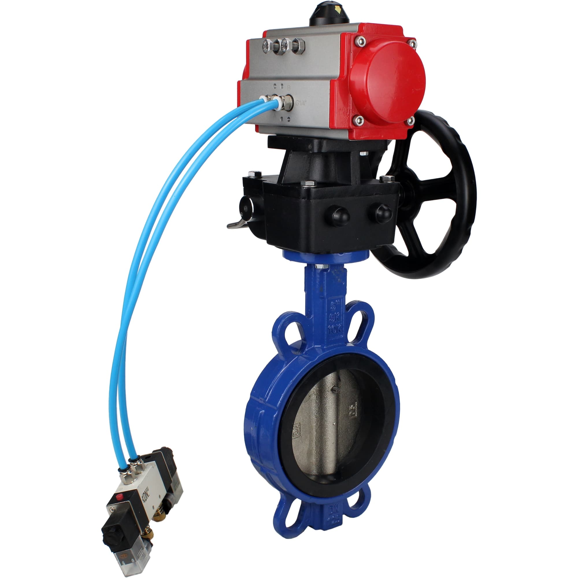 Затвор дисковый поворотный GGG50-GGG40-EPDM Ду300 Ру16, корпус чугун GGG50, диск чугун GGG40, уплотнение EPDM, с пневмоприводом DA-140 двойного действия, с пневмораспределителем PND1-S2EM-52-2-T08-220VAC, с ручным дублером HDM-4