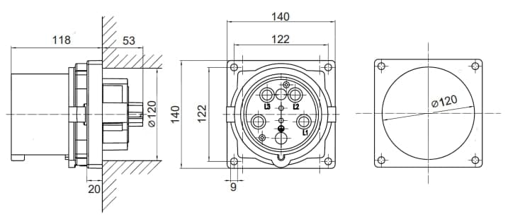 Вилка панельная PSP IP67 200A 3P+E 690В