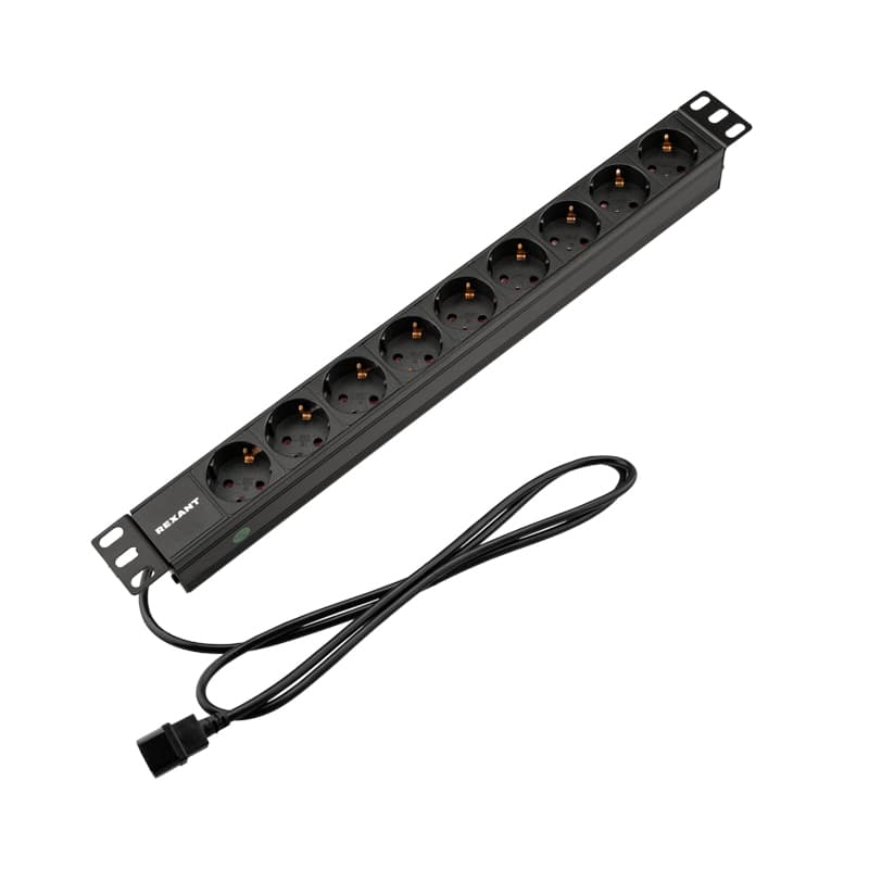 Блок розеток PDU горизонтальный 1U 9 розеток СЕЕ 7/4 Schuko 10A шнур 2м вилка C14 черный